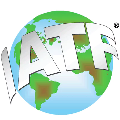 iatf logo featuring bold text over a globe representing global automotive quality standards