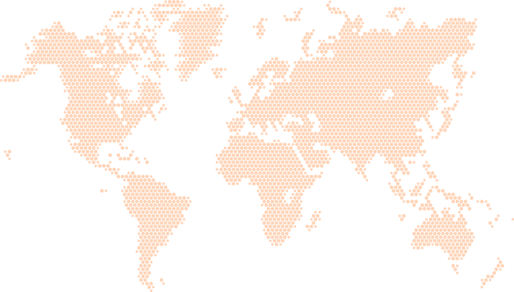 a dotted world map in light orange displaying continents and countries in a hexagonal pattern.