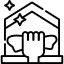 cleanliness icon showing a hand wiping a surface inside a house with sparkles