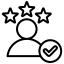 customer satisfaction icon with a person three stars above and a checkmark badge