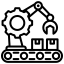 black and white icon of a robotic arm assembling products on a conveyor belt representing manufacturing