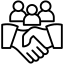 icon representing public relations featuring a handshake and three people in the background